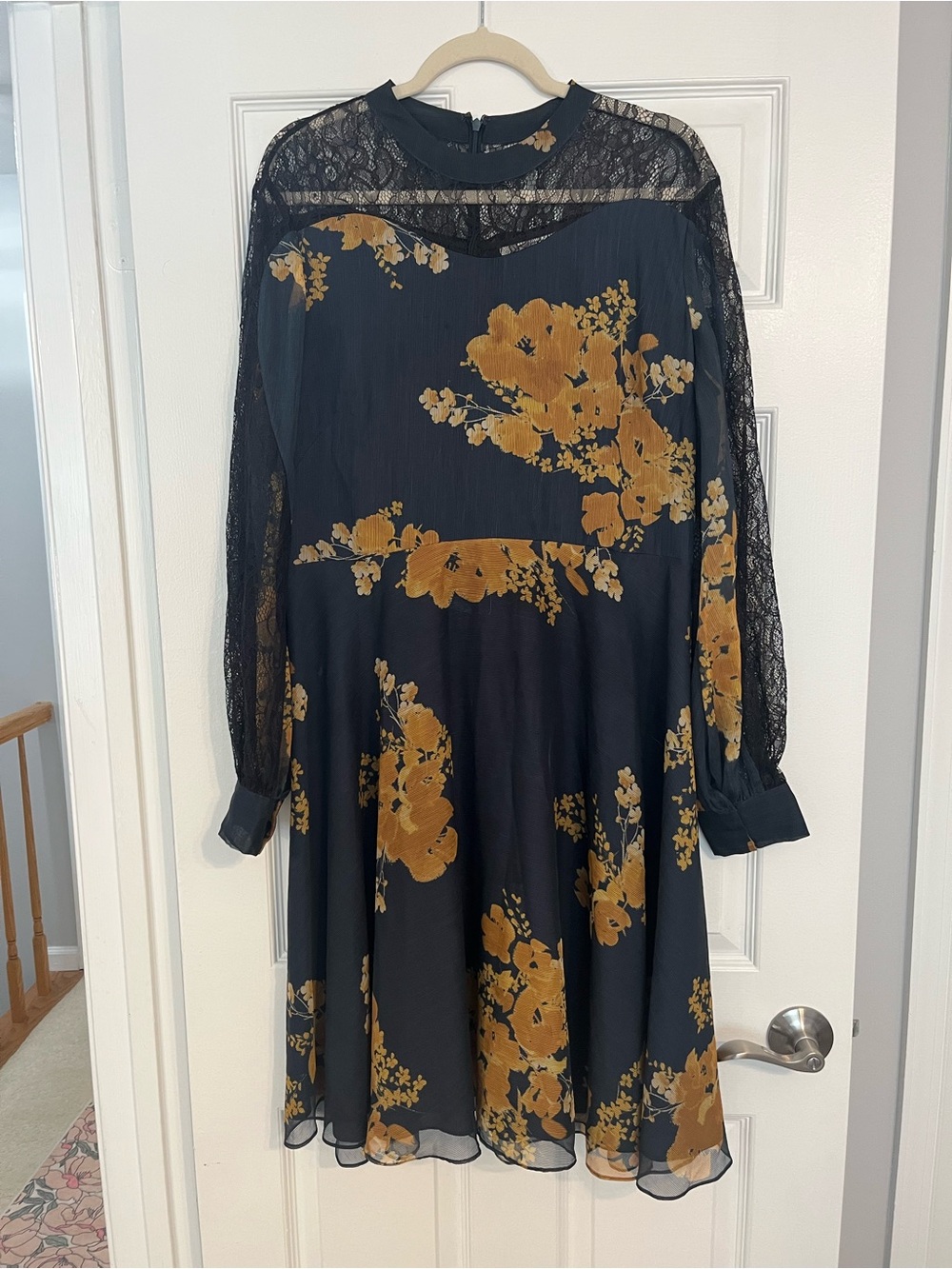 Sachin + Babi Navy Dress with Mustard Floral Lace Sleeves